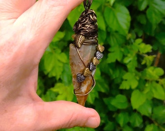 Brown and Green Jasper Arrowhead, Wire Wrapped Pendant, Triquetra, Gift for Him, Gift for Her, Stone Arrowhead Necklace