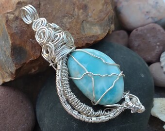 Larimar Wire Wrapped Pendant, Boho Necklace, Hippie Crystal Jewelry, Gift For Him, Gift For Her, Larimar Crystal Pendant