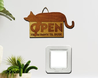 Catio Open Hanging Sign - Laser Cut Wood - Cat-Lover Wall Art Decor Gift - Pet Door - Lightweight - Ready to Hang