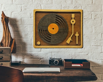 RETRO Vinyl Record Player Wall Art - Laser Cut Wood - Vintage Music Turntable Wall Decor - Lightweight - Ready to Hang