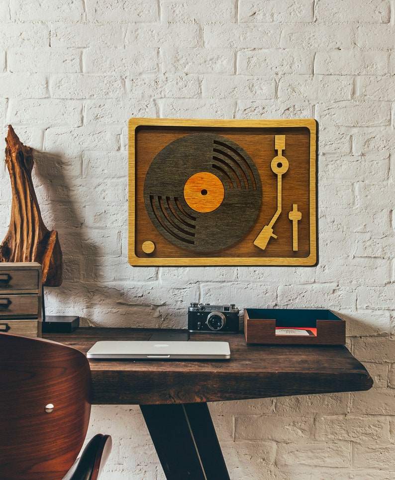 RETRO Vinyl Record Player Wall Art Laser Cut Wood Vintage Music Turntable Wall Decor Lightweight Ready to Hang image 1
