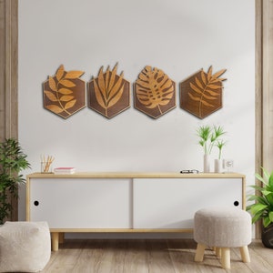 Geometric Tropical Leaf Wall Art *SET OF 4* - Laser Cut Wood - Botanical Plant Wall Decor - Natural Chic - Lightweight - Ready to Hang