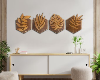 Geometric Tropical Leaf Wall Art *SET OF 4* - Laser Cut Wood - Botanical Plant Wall Decor - Natural Chic - Lightweight - Ready to Hang