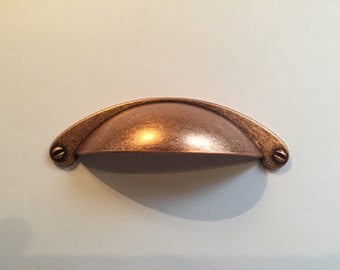 Copper Drawer Cabinet Cup Handle, 64mm Fixing Centres, Cupboard Door Knob or Dresser Drawer Pull