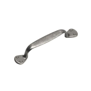 May include: A weathered, grey metal cabinet pull with a curved handle and two mounting plates. Each plate has two visible screws. The hardware has a rustic, antique appearance, suitable for furniture restoration or new construction.
