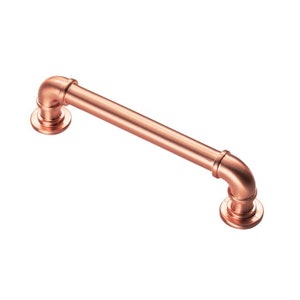 May include: A copper-coloured, industrial-style cabinet pull with a rounded, pipe-like design. The pull has a 90-degree bend and is approximately 15 cm long.