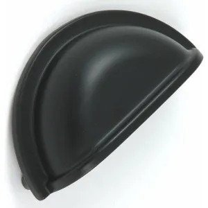 May include: Black cup-shaped cabinet knob with a raised edge.