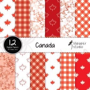 Canada Digital Papers | 12 Maple Leaves & Canadian Backgrounds | Canada Flag Digital Scrapbooking Papers | 12x12 JPEG Files | Commercial Use