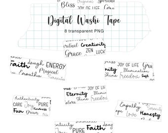Clipart de cinta washi con palabras positivas: pegatinas digitales (archivos PNG)