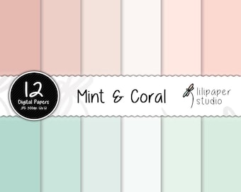 Pastel Mint & Coral Digital Papers: 12x12 Scrapbook Backgrounds (Digital Download)