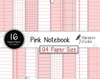 Pink Digital Notebook Pages | A4 Size Notebook Sheets | A4 Diary Pages | Grid & Ruled Notebook Papers | Commercial use