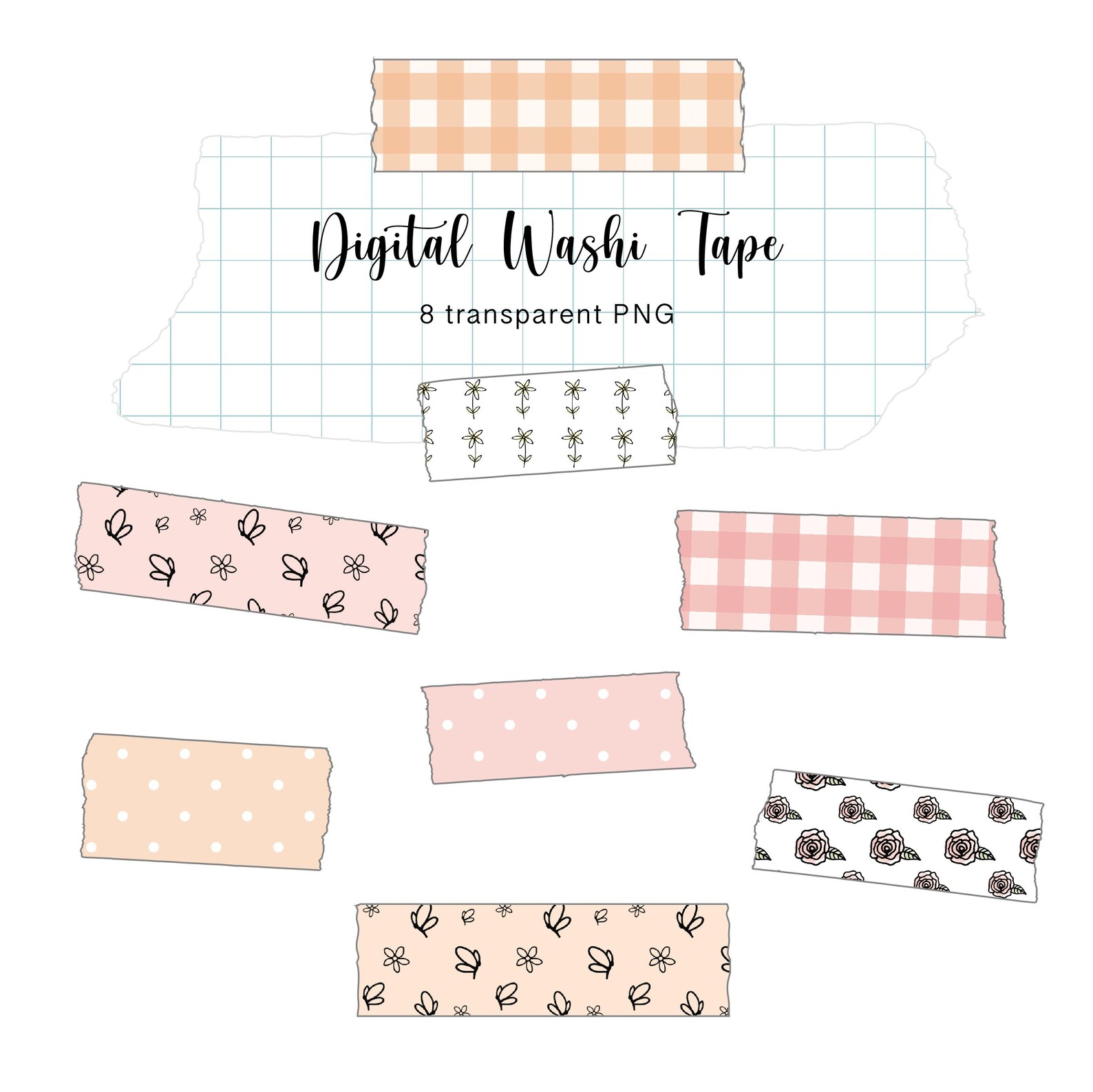 Pink Floral Digital Washi Tape Stickers: Goodnotes PNG Files ...