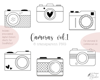 Cute Cameras Cliparts | Camera Stickers Digital Download | 6 Transparent PNG Files + 2 Precropped Digital Stickers Sheets | Commercial use