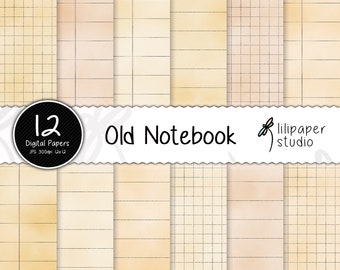 Old notebook digital papers, old papers diary pages scrapbook papers, 12 old backgrounds, digital download, commercial use, 12x12 jpeg files