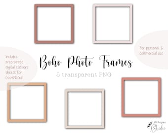 Boho Digital Picture Frames | Boho Photo Stickers Download | 5 Transparent PNG Files + 1 Precropped Digital Stickers Sheet | Commercial use