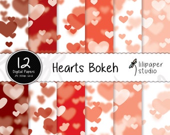 Red hearts bokeh digital papers, lovely hearts bokeh scrapbook papers, 12 backgrounds, digital download, commercial use, 12x12 jpeg files