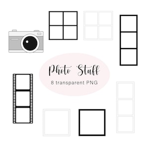 Puede incluir: Un conjunto de ocho marcos de fotos en blanco y negro de diferentes formas y tamaños, que incluyen una tira de película, una cámara y un marco cuadrado. Los marcos están todos delineados en negro y tienen un interior blanco. El texto "Photo Stuff" y "8 transparent PNG" está escrito en cursiva negra.