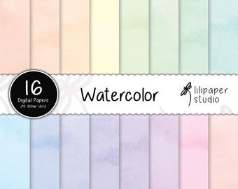 Pastel Watercolor Digital Paper: Rainbow Scrapbook Backgrounds (12x12 JPEG Files)