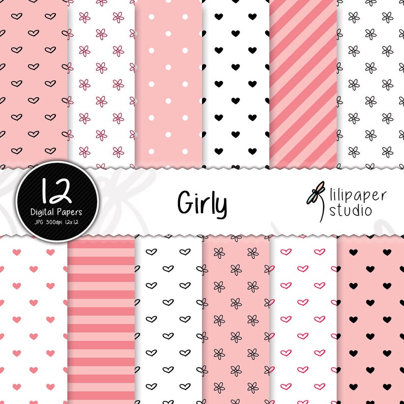 Girly Scrapbook Paper Pink Hearts And Flowers Background 12 Etsy