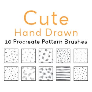 Puede incluir: Conjunto de 10 pinceles de patrones Procreate dibujados a mano. Los pinceles presentan varios patrones, incluidos corazones, puntos, rayas, arcoíris y flores.