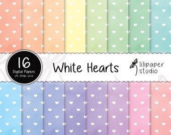 White hearts digital papers, sweet hearts upon rainbow watercolor scrapbook papers, 16 hearts backgrounds, commercial use, 12x12 jpeg files