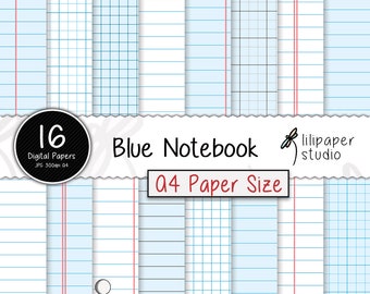 Blue Digital Notebook Pages | A4 Size Notebook Sheets | A4 Diary Pages | Grid & Ruled Notebook Papers | Commercial use