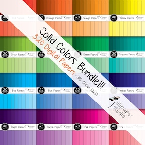 May include: A digital paper pack featuring 320 solid colour papers in a range of shades including red, orange, yellow, green, blue, purple, pink and turquoise. The papers are 12x12 inches and 300 dpi. The pack is titled "Solid Colors Bundle!!!" and is from "lilipaper studio".