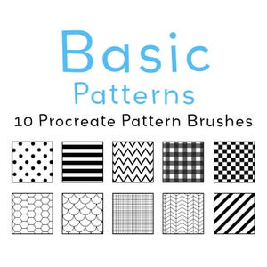 Pode incluir: Um conjunto de 10 pincéis de padrões Procreate com designs geométricos básicos. Os padrões incluem bolinhas, listras, ziguezagues, xadrez, tabuleiro de damas, favo de mel, escamas, vichy, espinha de peixe e listras diagonais.