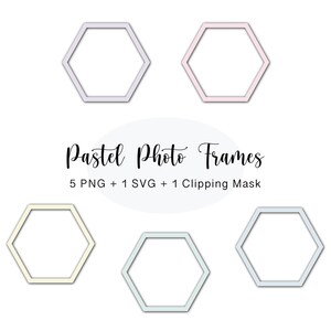 Puede incluir: Marcos de fotos hexagonales en colores pastel, incluyendo lavanda, rosa, amarillo y azul claro. El texto "Pastel Photo Frames" está escrito en cursiva. La imagen también muestra información sobre los archivos digitales disponibles.