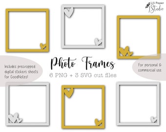 Gold & Silver Digital Heart Photo Frames | 6 Transparent PNG Files + 3 SVG Cut Files + 1 Precropped Digital Stickers Sheet | Commercial use