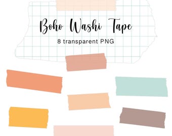 Boho Washi Tape Clipart: Pegatinas digitales para GoodNotes (archivos PNG)