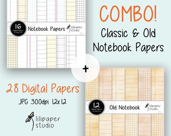 Classic & old notebook digital papers, diary pages scrapbook papers, 28 digital notebook pages backgrounds, commercial use, 12x12 jpeg files
