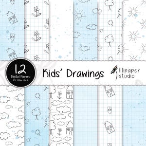Disegni per bambini Carte digitali / 12 sfondi scarabocchi per bambini / Disegni per bambini Carte digitali per scrapbooking / File JPEG 12x12 / Uso commerciale