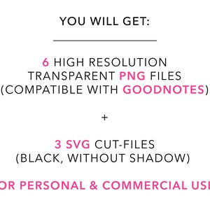 You will get 6 PNG files + 3 SVG cut-files. For personal and commercial use.