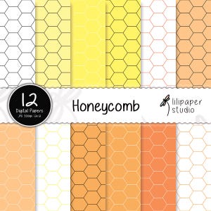 May include: A set of 12 digital papers featuring honeycomb patterns in various colors, including white, yellow, orange, and peach. The papers are 300dpi and are perfect for crafting and design projects. The text "Honeycomb" is displayed in a white banner.