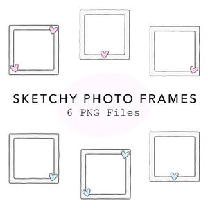 Könnte beinhalten: Sechs quadratische Fotorahmen mit skizzenhaften Umrissen, jeder mit einem kleinen Herz in Rosa oder Hellblau verziert. Der Text "SKETCHY PHOTO FRAMES" und "6 PNG Files" wird in schwarzer Schrift auf weißem Hintergrund angezeigt.