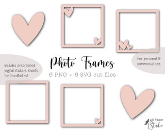 Pink Digital Photo Frames & Heart Shapes | 6 Transparent PNG Files + 6 SVG Cut Files + 1 Precropped Digital Stickers Sheet | Commercial use
