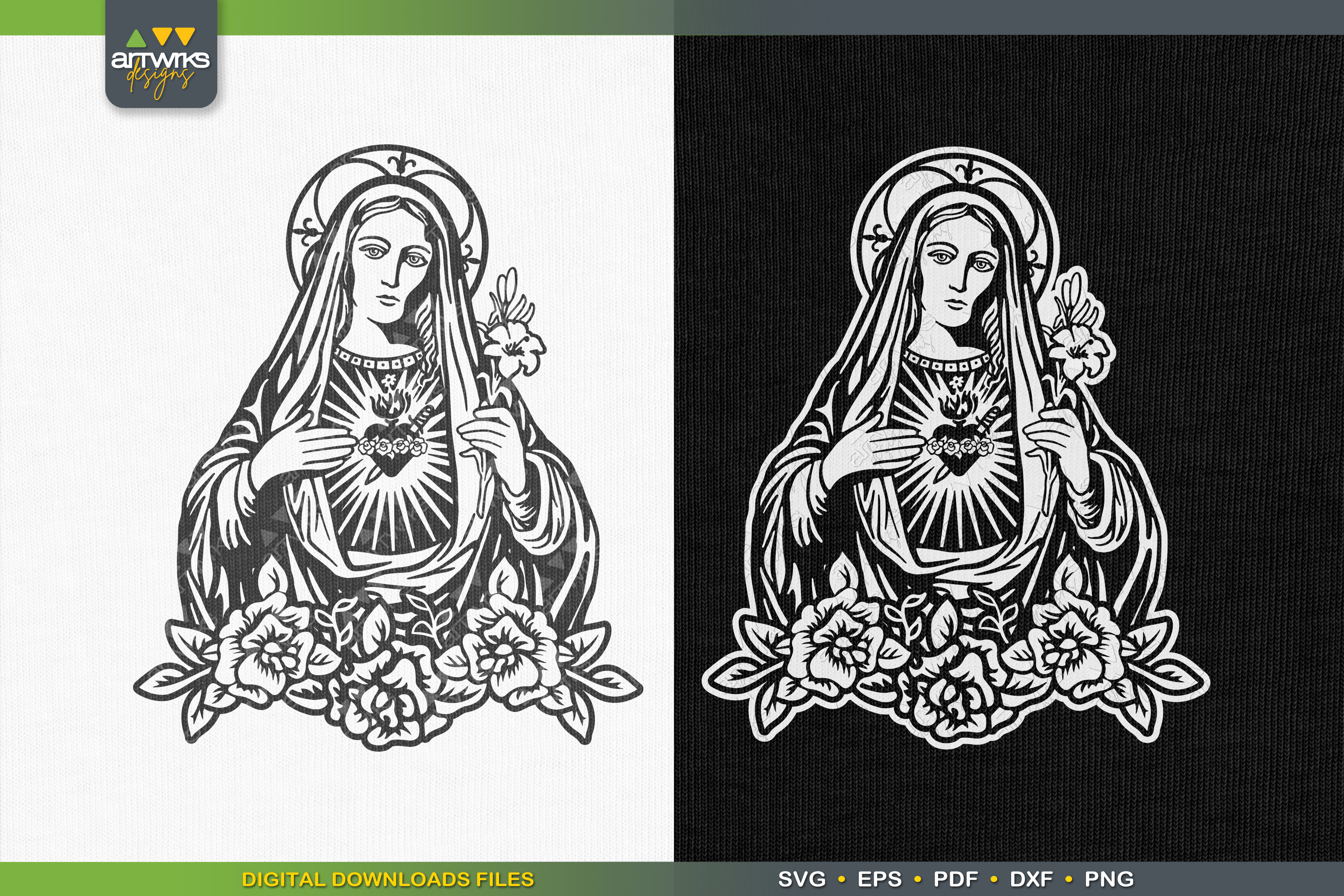 Immaculate Heart of Mary With Flower Design SVG Files for Cricut