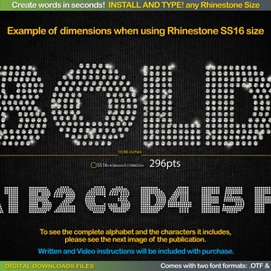 Könnte beinhalten: Ein digitales Schriftdesign zum Erstellen von Buchstaben und Zahlen aus Strasssteinen. Das Bild zeigt das Wort "BOLD" in Strasssteinen, darunter die Buchstaben A1, B2, C3, D4, E5 und F6. Die Schriftgrösse beträgt 296 Punkte und die Buchstaben sind 27,8 cm breit und 7,5 cm hoch.