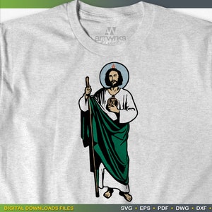 Puede incluir: Una ilustraci&oacute;n digital de un santo sosteniendo un bast&oacute;n con un halo sobre su cabeza. Lleva una t&uacute;nica verde y tiene un coraz&oacute;n en la mano. El fondo es gris claro.