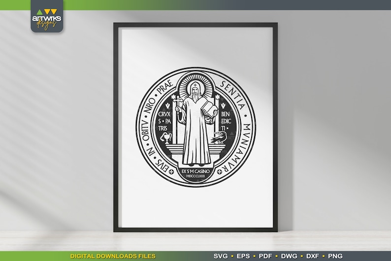May include: Black and white illustration of a saint holding a book and a cross. The image is surrounded by a circle with text in Latin. The text reads "EIVS. IN OBITV. TV. NRO. PRAE. SENTIA. MVNIAMVRO. CRVX. S.PA. TRIS. BEN. EDIC. II. EX. SM. CASINO. MDCCCLXXX."