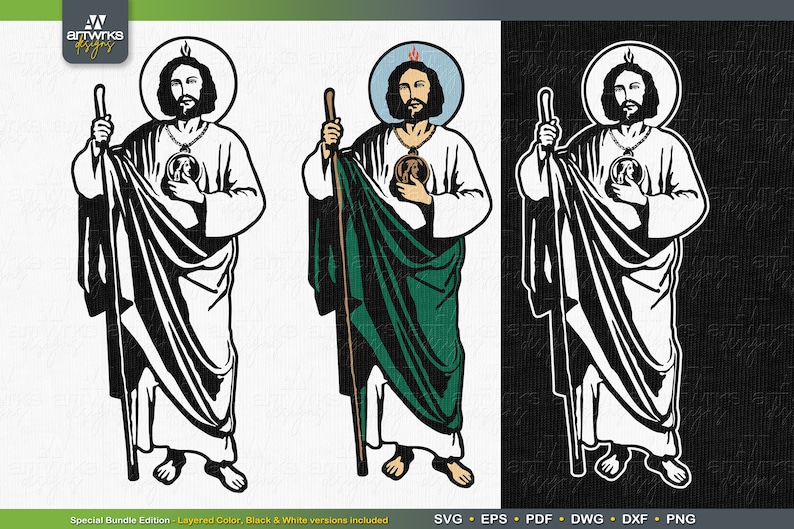 Puede incluir: Una ilustraci&oacute;n en blanco y negro de una figura religiosa con un bast&oacute;n y un coraz&oacute;n en el pecho. La figura lleva una t&uacute;nica y tiene un halo. La imagen est&aacute; en capas e incluye versiones en color, blanco y negro.