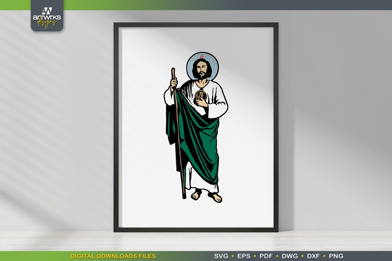 Puede incluir: Una ilustraci&oacute;n digital de San Judas Tadeo, un santo cat&oacute;lico, representado con una t&uacute;nica blanca y una capa verde, sosteniendo un bast&oacute;n y un coraz&oacute;n. Est&aacute; de pie sobre un fondo blanco.