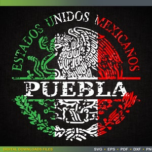 May include: A distressed white graphic of the Mexican coat of arms with the words "Estados Unidos Mexicanos" and "Puebla" in a circle around the eagle. The eagle is green, white, and red.