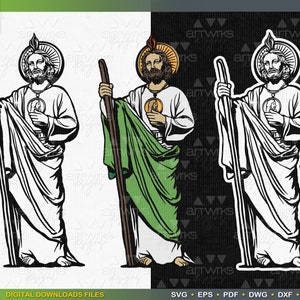May include: Digital download files featuring illustrations of Saint Jude Thaddeus. The images depict the saint in a white robe, holding a staff, with a halo. One image has a green cloak. The text "DIGITAL DOWNLOADS FILES" is at the bottom.