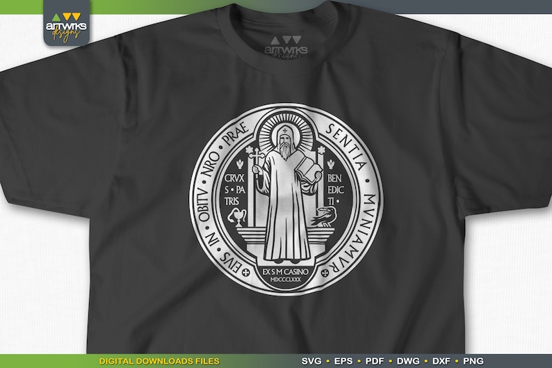 May include: A black t-shirt with a white circular design featuring a saint holding a book and a staff. The design includes the text "OBITV &bull; NRO. PRAE SENTIA MVNIAMVRO EIVS. IN &bull; CRVX S.PA TRIS BEN EDIC &Pi; EX SM CASINO MDCCCLXXX".