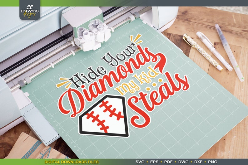 May include: A red and black baseball themed design with the text "Hide your diamonds my kid...steals".