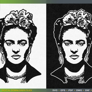 May include: Black and white silhouette of Frida Kahlo with a flower crown, earrings, and a necklace. The image is on a white background.