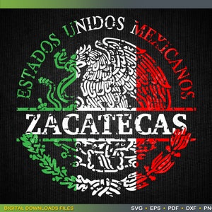 Op de afbeelding: Een verweerd, wit, rood en groen grafisch ontwerp van het Mexicaanse wapenschild met de tekst "Estados Unidos Mexicanos" en "Zacatecas" in een wit verweerd lettertype.