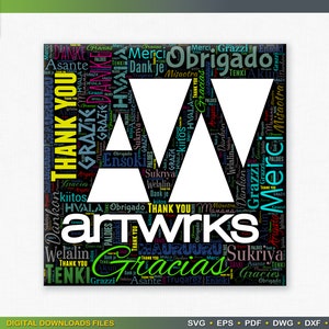 May include: A black and white graphic design featuring the word "artwrks" in white letters surrounded by a word cloud of "thank you" in different languages. The word cloud is in a variety of colors, including yellow, green, blue, pink, and purple.